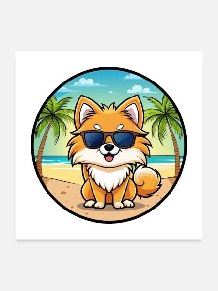Pommerscher Deutscher Spitz Hunderasse Cartoon Beach - Poster 60x60 cm - Weiß - Vorne