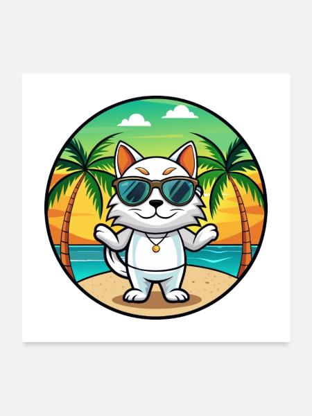 Japanische Bobtail Katzenrasse Cartoon Sonnenbrille Strand - Poster 60x60 cm - Weiß - Vorne