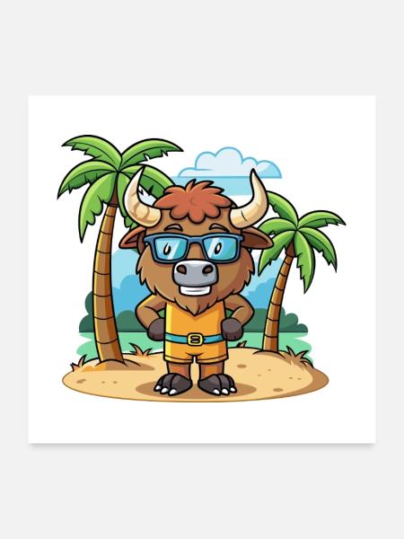 Bison Lustige Cartoon Sommer Strand Sonnenbrille - Poster 60x60 cm - Weiß - Vorne