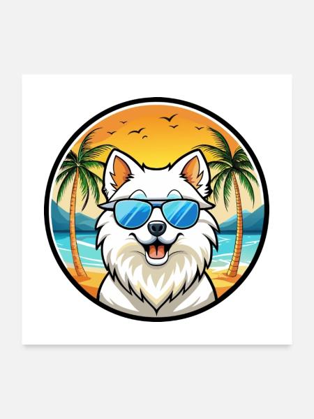 Lunettes de soleil de dessin animé de race de chien Spitz japonais plage - Poster 60 x 60 cm - blanc - Devant