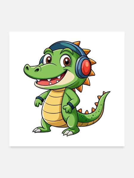 Krokodil Lustige Zeichentrickfigur Kopfhörer Musik - Poster 60x60 cm - Weiß - Vorne