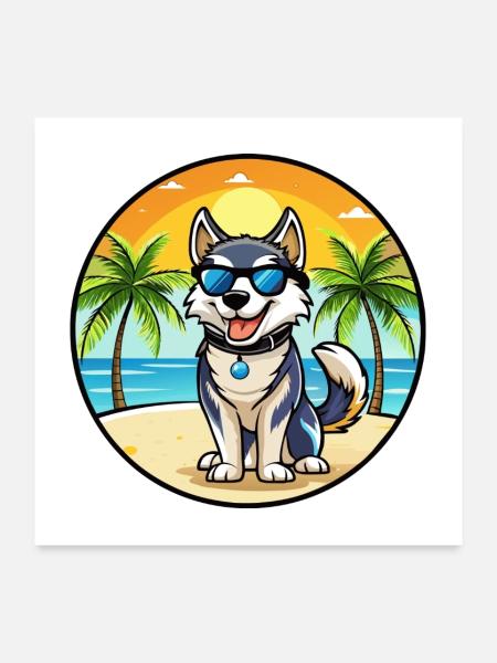 Labrador Husky Hunderasse Cartoon Sonnenbrille Strand - Poster 60x60 cm - Weiß - Vorne