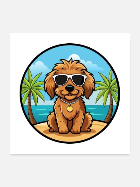 Cockapoo Hunderasse Cartoon Sonnenbrille Strand - Poster 60x60 cm - Weiß - Vorne