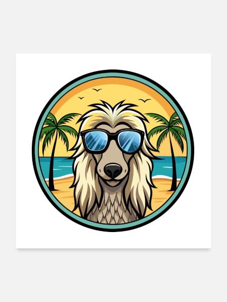 Afghanischer Windhund Hunderasse Cartoon Sonnenbrille Strand - Poster 60x60 cm - Weiß - Vorne