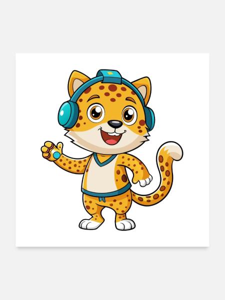 Leopard Lustige Zeichentrickfigur Kopfhörer Musik - Poster 60x60 cm - Weiß - Vorne