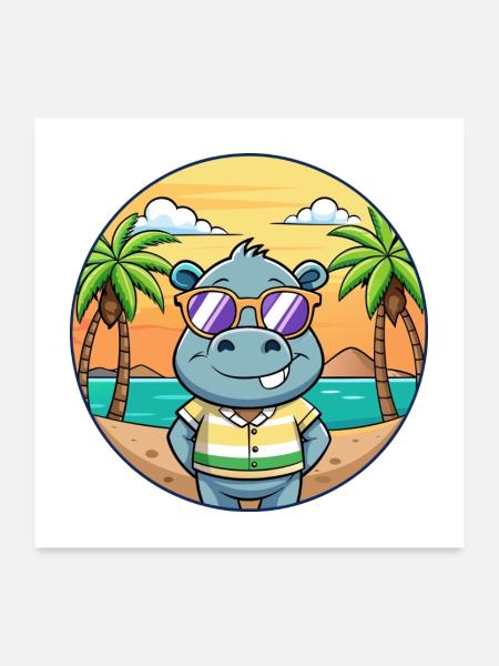 Hippo Lustige Cartoon Sommer Strand Sonnenbrille - Poster 60x60 cm - Weiß - Vorne