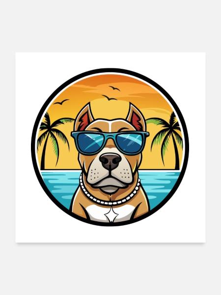 American Pitbull Terrier Hunderasse Cartoon Beach - Poster 60x60 cm - Weiß - Vorne