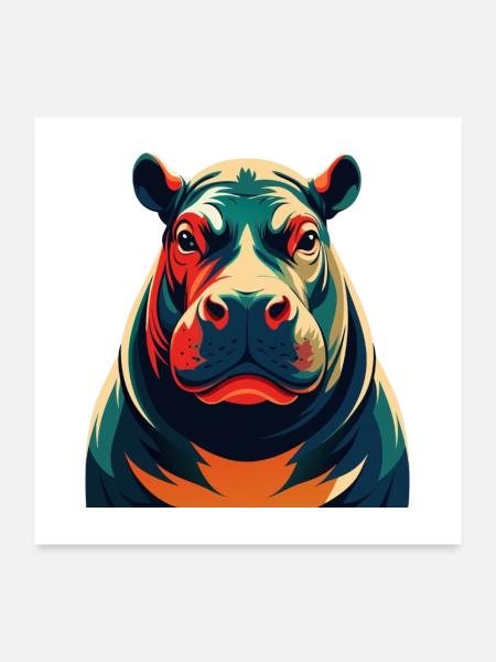 Nilpferd Cartoon Figur Buntes Haustier Tier - Poster 60x60 cm - Weiß - Vorne