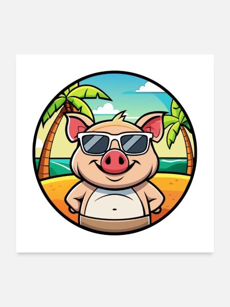 Cochon Drôle Dessin Animé Plage D’été Lunettes De Soleil Autocollant - Poster 60 x 60 cm - blanc - Devant