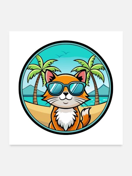Hantilly Tiffany Cat Breed Cartoon Sunglass Beach - Poster 24" x 24" (60x60 cm) - white - Front