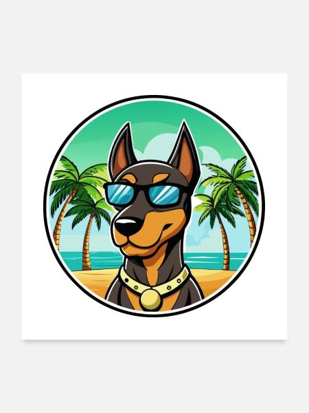 Dobermann Pinscher Hunderasse Cartoon Sonnenbrille Strand - Poster 60x60 cm - Weiß - Vorne