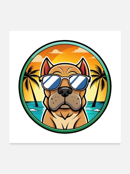 Mastiff chien race dessin animé lunettes de soleil plage - Poster 60 x 60 cm - blanc - Devant
