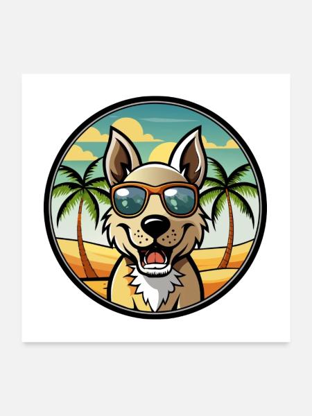 Indischer Paria Hund Rasse Cartoon Sonnenbrille Strand - Poster 60x60 cm - Weiß - Vorne