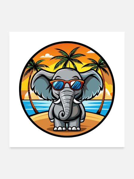 Elefant Lustige Cartoon Sommer Strand Sonnenbrille - Poster 60x60 cm - Weiß - Vorne
