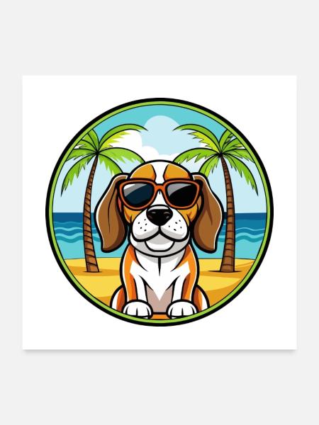 Beagle Harrier Hunderasse Cartoon Sonnenbrille Strand - Poster 60x60 cm - Weiß - Vorne