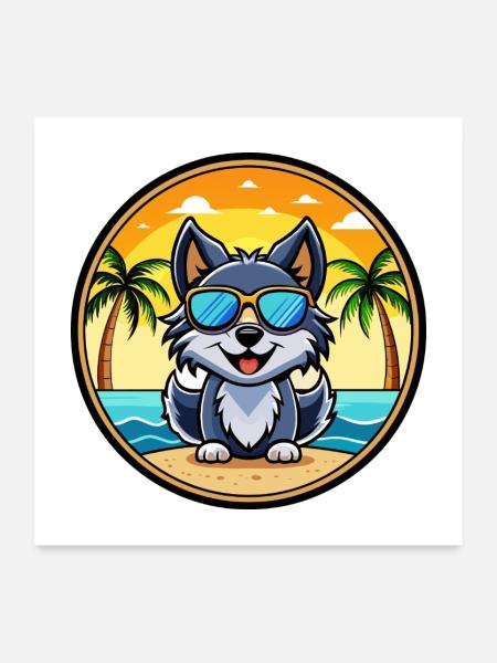 Schipperke Hunderasse Cartoon Sonnenbrille Strand - Poster 60x60 cm - Weiß - Vorne
