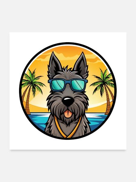 Scottish Terrier Chien Race Dessin Animé Lunettes De Soleil Plage - Poster 60 x 60 cm - blanc - Devant