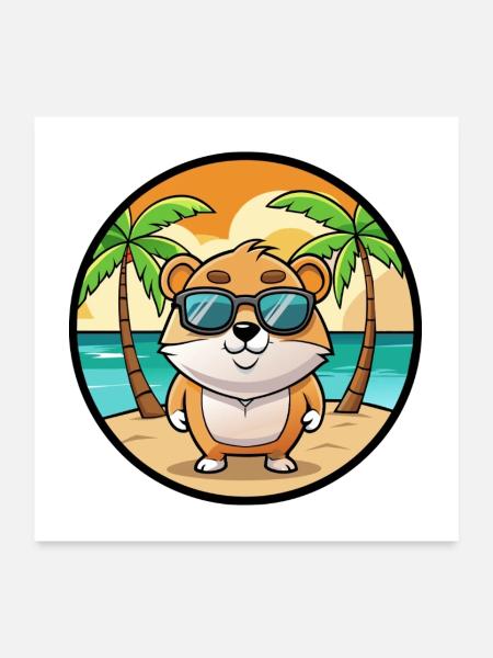 Hamster Lustig Cartoon Sommer Strand Sonnenbrille Cool - Poster 60x60 cm - Weiß - Vorne