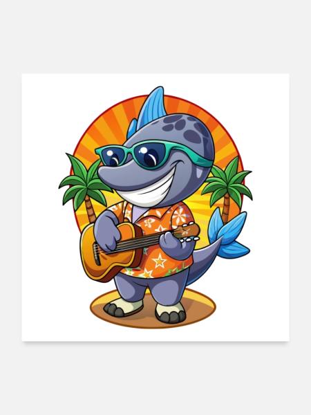 Lustige Robbe Cartoon Sommer Strand Sonnenbrille Gitarre - Poster 60x60 cm - Weiß - Vorne