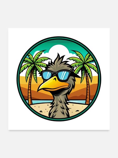 Emu Funny Cartoon Lunettes de soleil de plage d’été Autocollant - Poster 60 x 60 cm - blanc - Devant