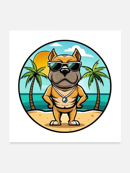Bull Boxer Hund Rasse Cartoon Sonnenbrille Strand - Poster 60x60 cm - Weiß - Vorne