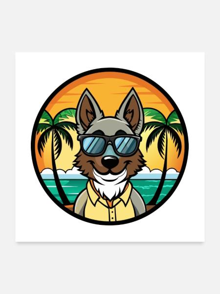Georgischer Schäferhund Hunderasse Cartoon Sonnenbrille Strand - Poster 60x60 cm - Weiß - Vorne