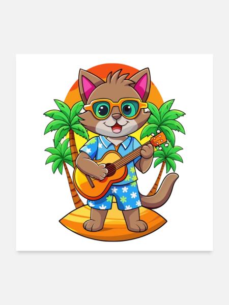 Lustige Katze Cartoon Sommer Strand Sonnenbrille Gitarre - Poster 60x60 cm - Weiß - Vorne