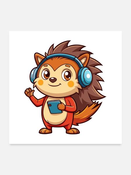Igel Lustige Zeichentrickfigur Kopfhörer Musik - Poster 60x60 cm - Weiß - Vorne
