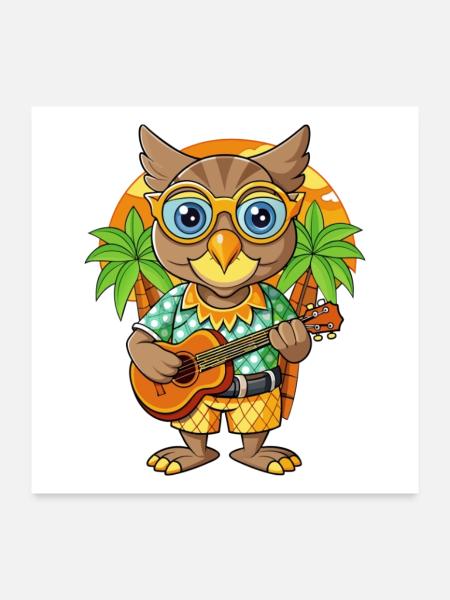 Drôle Hibou Dessin Animé Plage D’été Lunettes De Soleil Guitare - Poster 60 x 60 cm - blanc - Devant