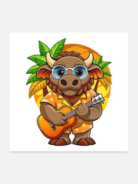 Drôle Bison Dessin Animé Plage D’été Lunettes De Soleil Guitare - Poster 60 x 60 cm - blanc - Devant