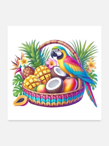 Corbeille de fruits avec perroquet - Poster 60 x 60 cm - blanc - Devant