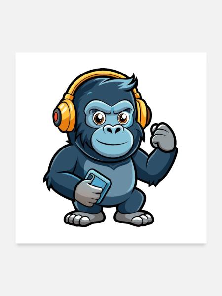 Gorille Funny Cartoon Character Musique de casque - Poster 60 x 60 cm - blanc