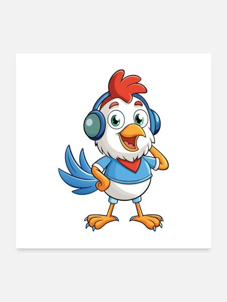 Huhn Lustige Cartoon Figur Kopfhörer Musik - Poster 60x60 cm - Weiß - Vorne