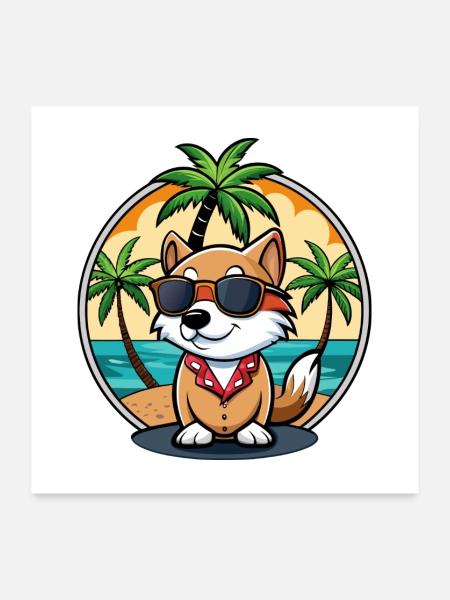 Kai Ken Dog Breed Cartoon Sunglasses Beach - Poster 24" x 24" (60x60 cm) - white - Front