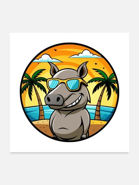 Tapir Lustige Cartoon Sommer Strand Sonnenbrille Cool - Poster 60x60 cm - Weiß - Vorne