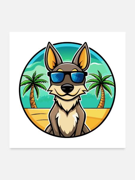 Australischer Kelpie Hund Rasse Cartoon Sonnenbrille Strand - Poster 60x60 cm - Weiß - Vorne