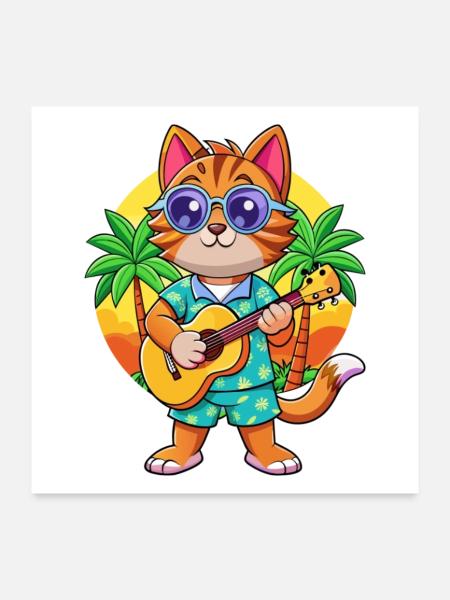 Lustige Katze Cartoon Sommer Strand Sonnenbrille Gitarre - Poster 60x60 cm - Weiß - Vorne