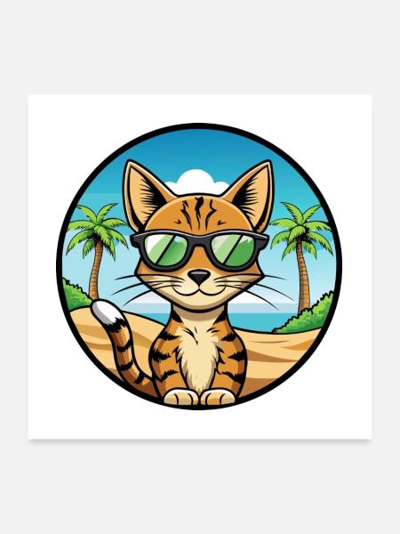 Ocicat Domestic Cat Breed Cartoon Sunglasses Beach - Poster 24" x 24" (60x60 cm) - white - Front