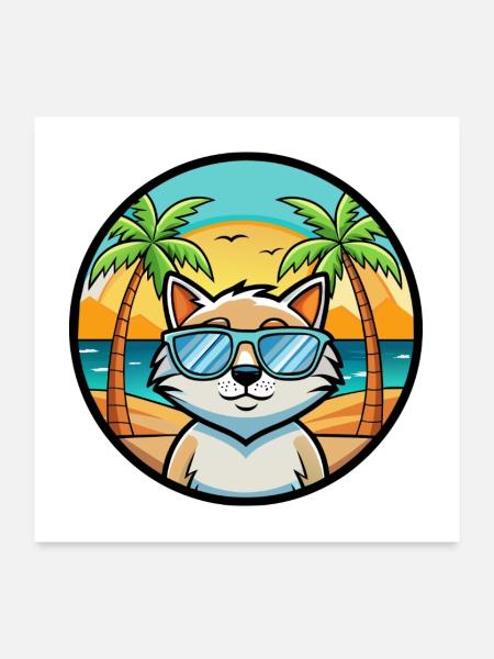 Katze Lustige Cartoon Sommer Strand Sonnenbrille Aufkleber - Poster 60x60 cm - Weiß - Vorne