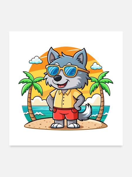 Wolf Lustige Cartoon Sommer Strand Sonnenbrille - Poster 60x60 cm - Weiß - Vorne