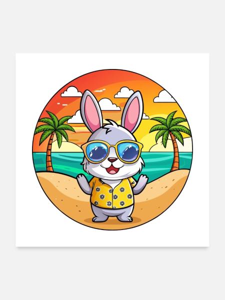 Lapin Drôle Dessin Animé Plage Été Lunettes de soleil - Poster 60 x 60 cm - blanc - Devant