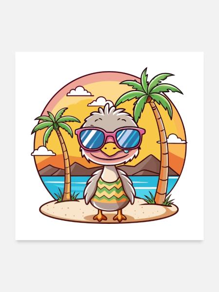 Strauß lustige Cartoon Sommer Strand Sonnenbrille - Poster 60x60 cm - Weiß - Vorne