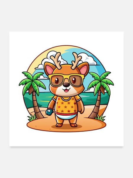 Hirsch Lustige Cartoon Sommer Strand Sonnenbrille - Poster 60x60 cm - Weiß - Vorne
