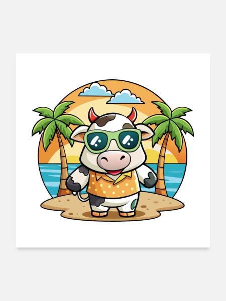 Kuh Lustige Cartoon Sommer Strand Sonnenbrille - Poster 60x60 cm - Weiß - Vorne