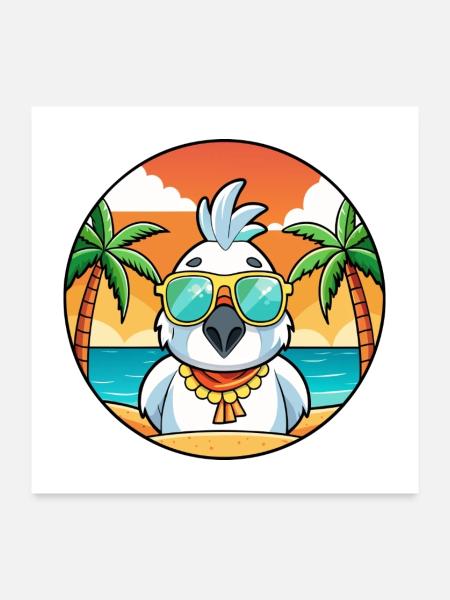 Kakadu Lustige Cartoon Sommer Strand Sonnenbrille - Poster 60x60 cm - Weiß - Vorne