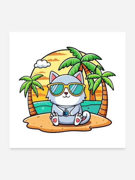 Katze Lustige Cartoon Sommer Strand Sonnenbrille - Poster 60x60 cm - Weiß - Vorne