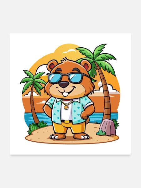 Biber Lustige Cartoon Sommer Strand Sonnenbrille - Poster 60x60 cm - Weiß - Vorne