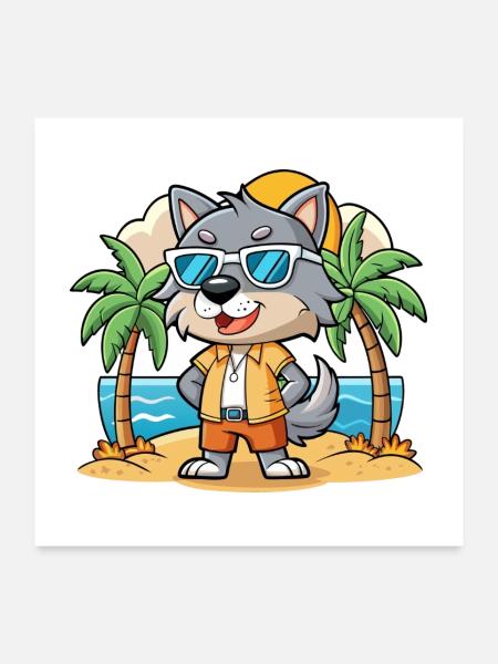 Wolf Lustige Cartoon Sommer Strand Sonnenbrille - Poster 60x60 cm - Weiß - Vorne