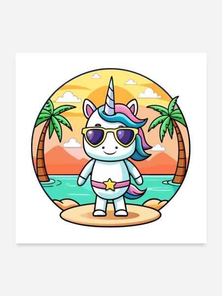Licorne Funny Cartoon Summer Beach Lunettes de soleil - Poster 60 x 60 cm - blanc - Devant