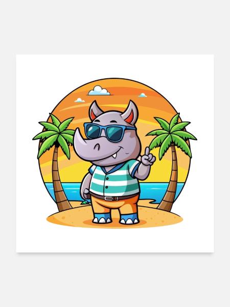 Rhino Funny Cartoon Summer Beach Sunglasses - Poster 24" x 24" (60x60 cm) - white - Front